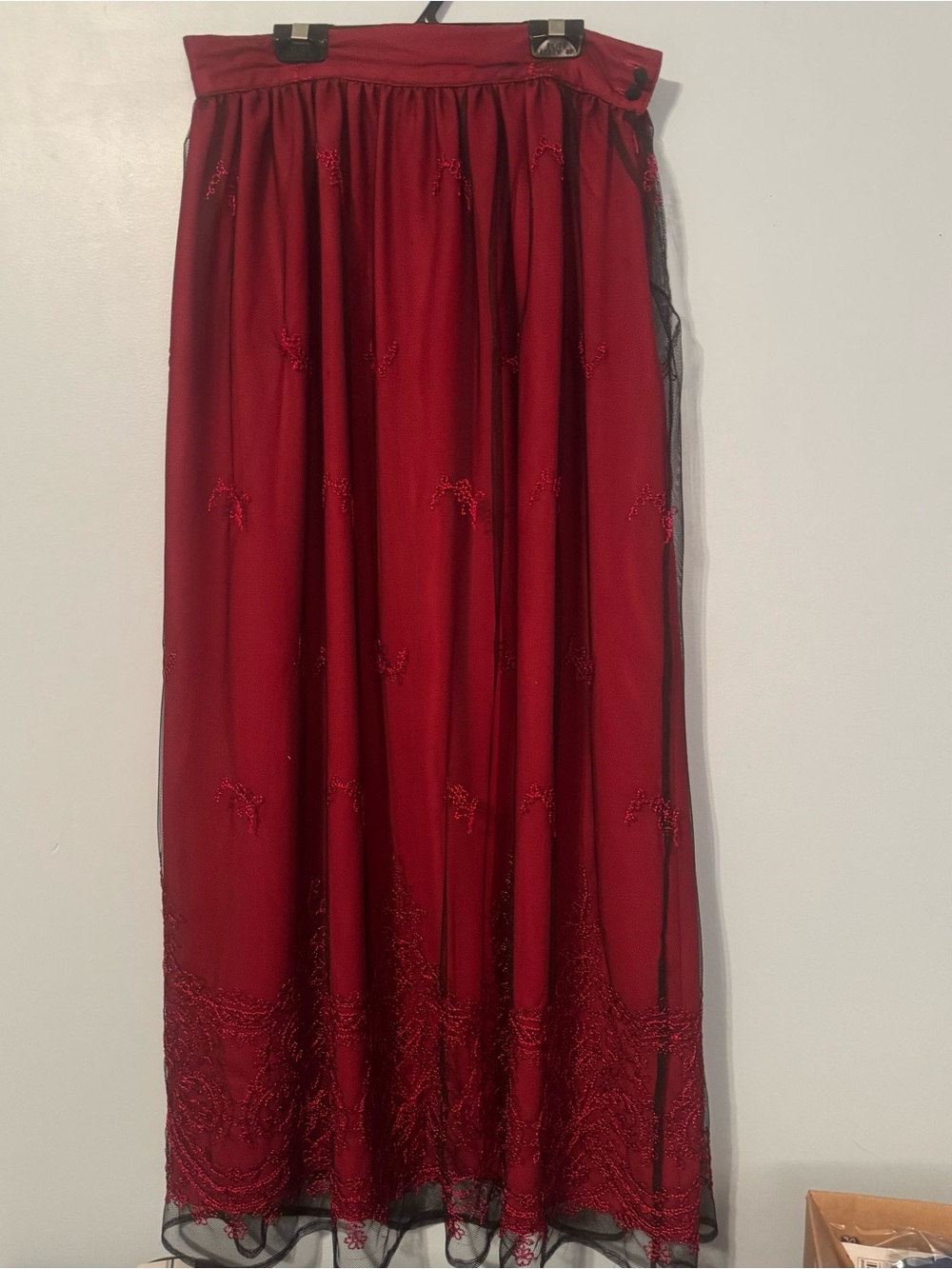 Rialto Red Embroidered net Maxi Skirt - Women's Elegant Evening Skirt